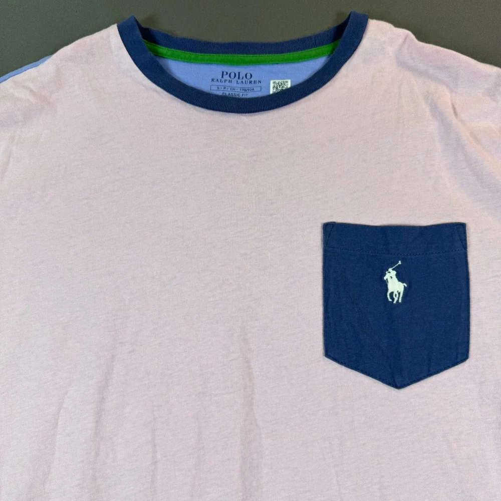 Polo Ralph Lauren Mens Classic‎ Fit Colorblock Pocket T-Shirt Pink Blue Small